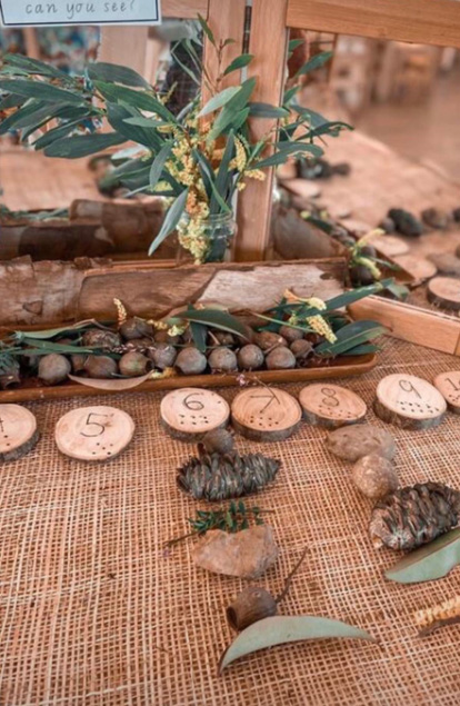 wooden numbers and gum nuts and leaves